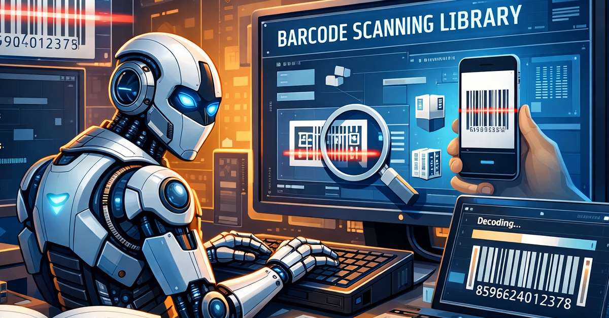 AI-generated image of a robotic engineer building a barcode scanning software library